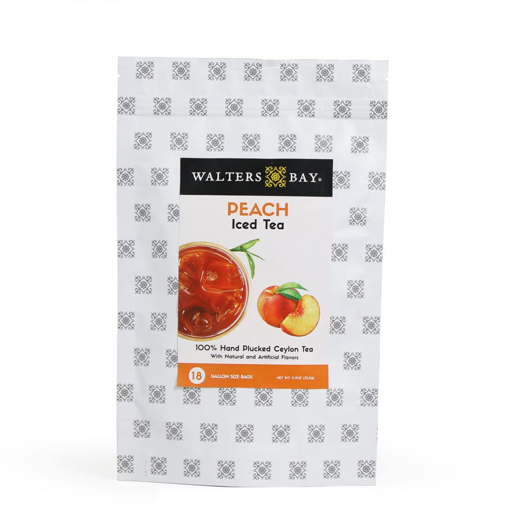 Walters Bay Peach Iced Tea, 18 Count, Each Bag Makes 1 Gallon, Family Size, Southern Peach Flavor, 100% Hand Plucked, Black Tea, Unsweetened, Sri