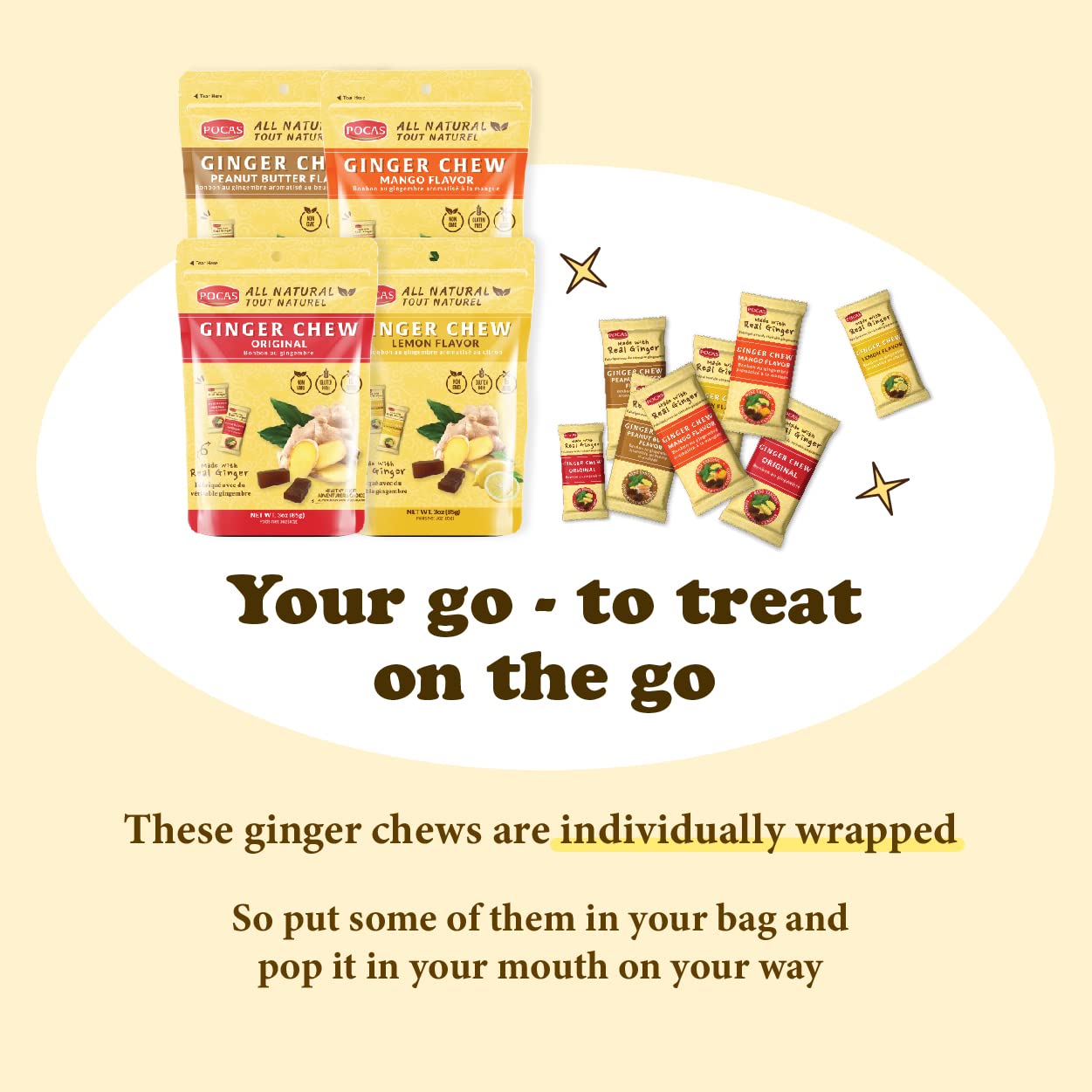 Pocas Ginger Chews Original - Real Ginger Candy Chews, Non-GMO, Gluten-Free, Ginger Candy for Nausea, Morning Sickness Relief, Candied ginger8oz - 1PK