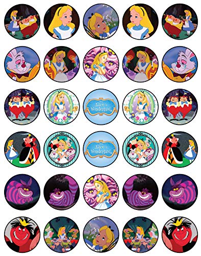 HAPPY CHOICES 30 x Edible Cupcake Toppers Themed of Alice in Wonderland Collection of Edible Cake Decorations | Uncut Edible on Icing Sheet