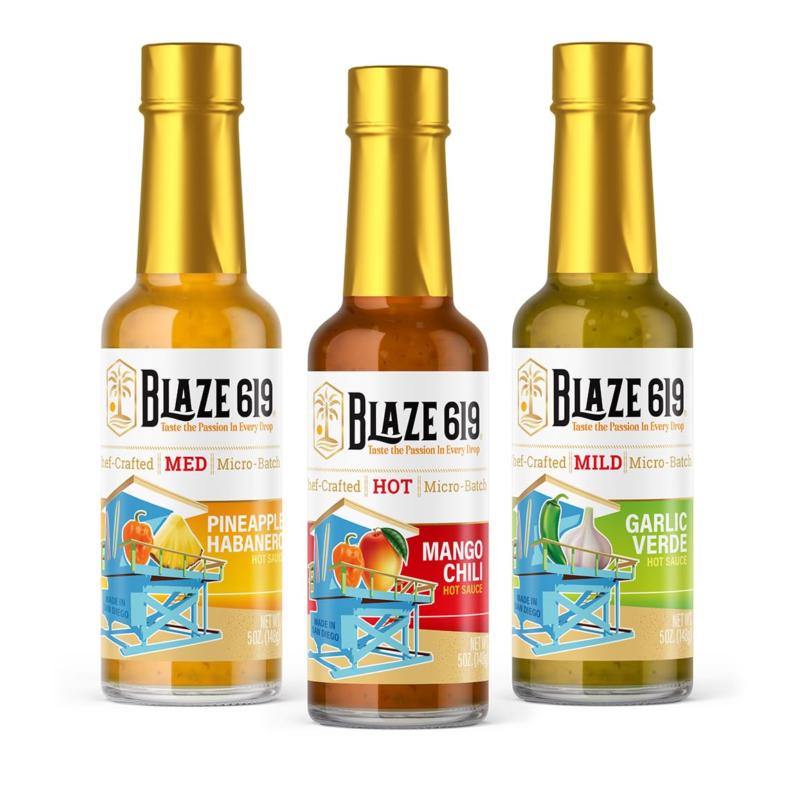 Blaze 619 Gourmet Hot Sauce Gift Set, Pineapple Habanero, Mango Chili, Garlic Verde, All Natural, Gluten Free, Vegan, Low Sodium, 5oz Bottles, 3 Pack