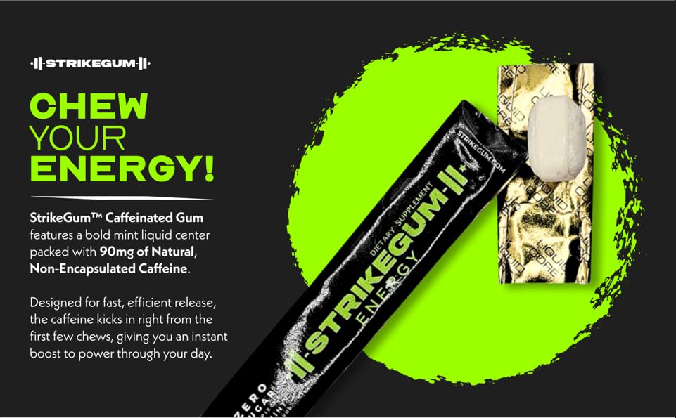 Strike Gum 5 packs of 5 Pieces |90mg Natural Caffeine|100mg Alpha Gpc| Sugar Free| Vegan | Made in the USA | Premium Energy Gum