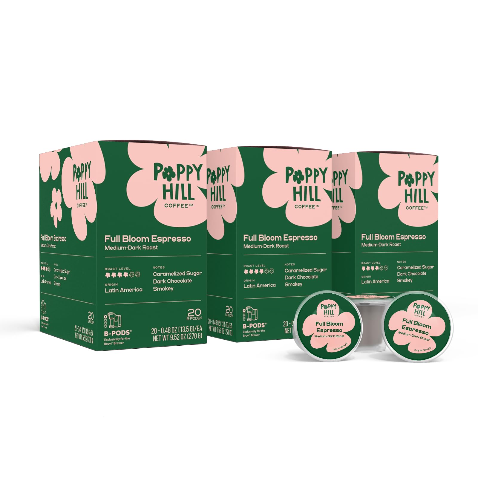 Poppy Hill Coffee | Full Bloom Espresso Single Cup B-Pods | Only Compatible with BRUVI Single-Serve Coffee Brewer | Includes 60 Pods