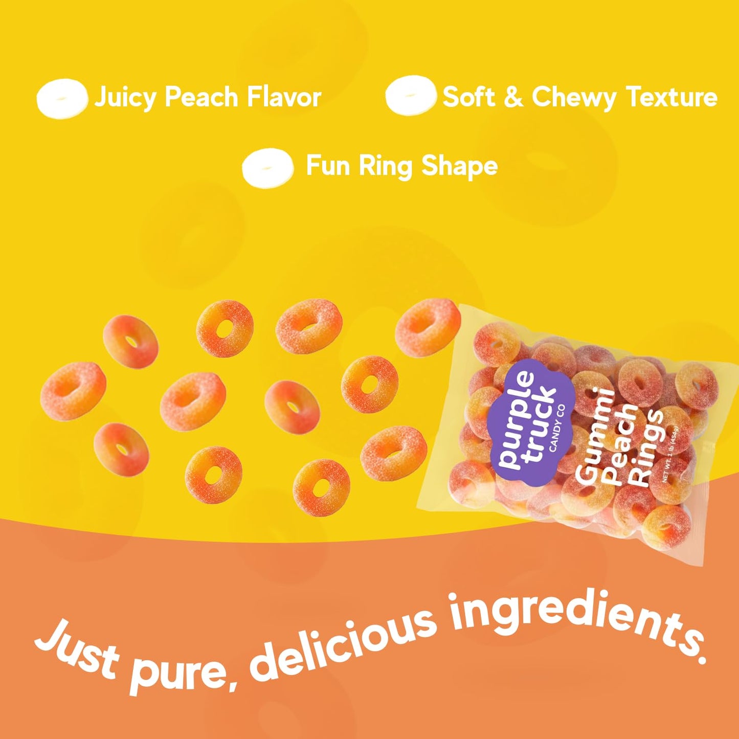 Purple Truck Candy Co. Peach Rings - Soft Chewy Gummy Candy with Delicious Peach Flavor - Allergen-Free Fruit Gummies - Perfect for Parties, Gift