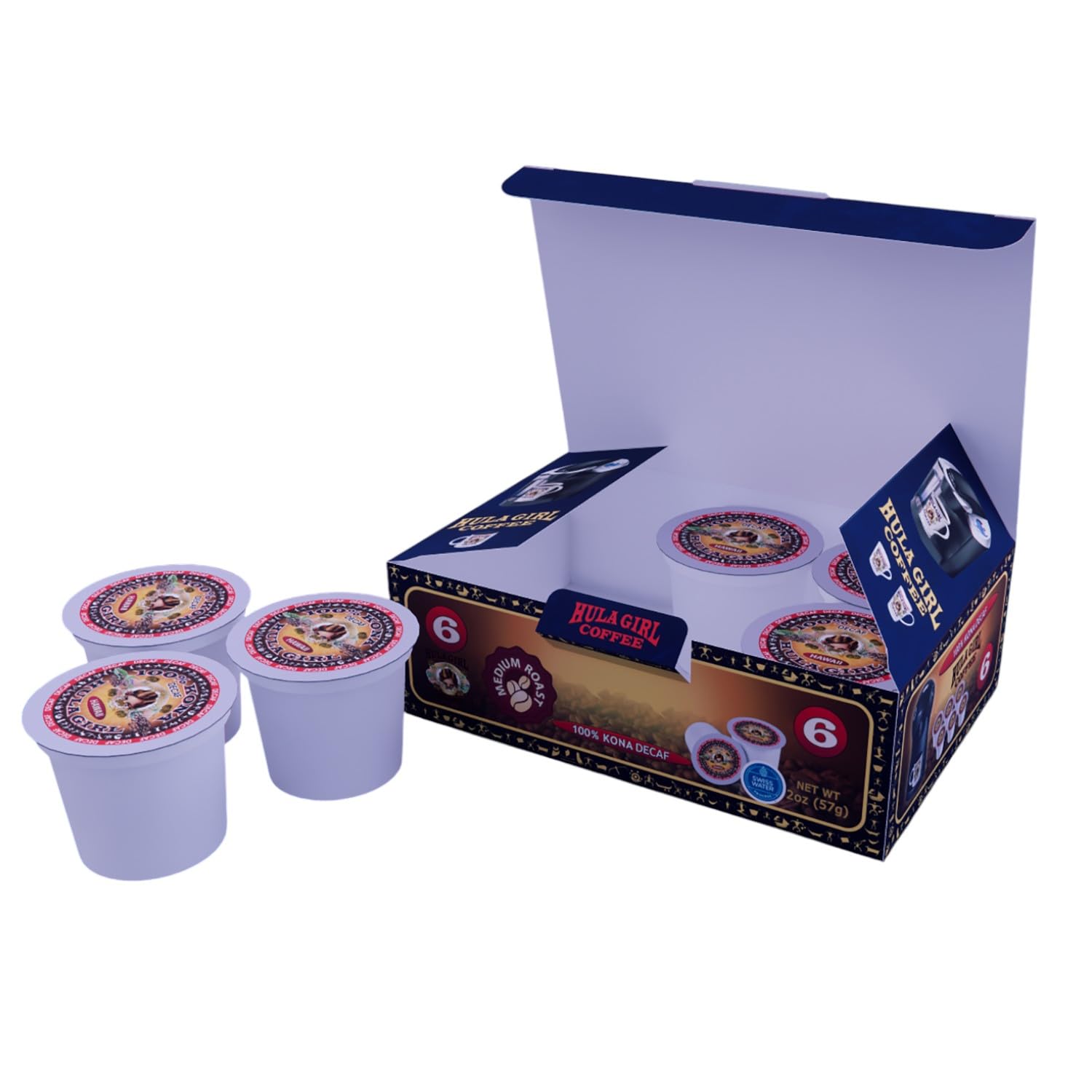 Hula Girl K2 Compatible 100% Kona Decaf Coffee Single Servings - Box of 6