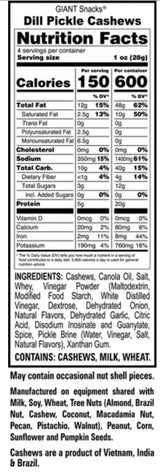 GIANTS Dill Pickle Flavored Cashews, (8-4 oz. Bags)