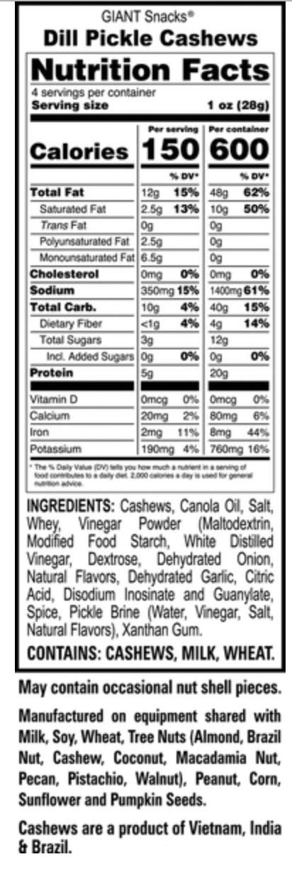 GIANTS Dill Pickle Flavored Cashews, (8-4 oz. Bags)