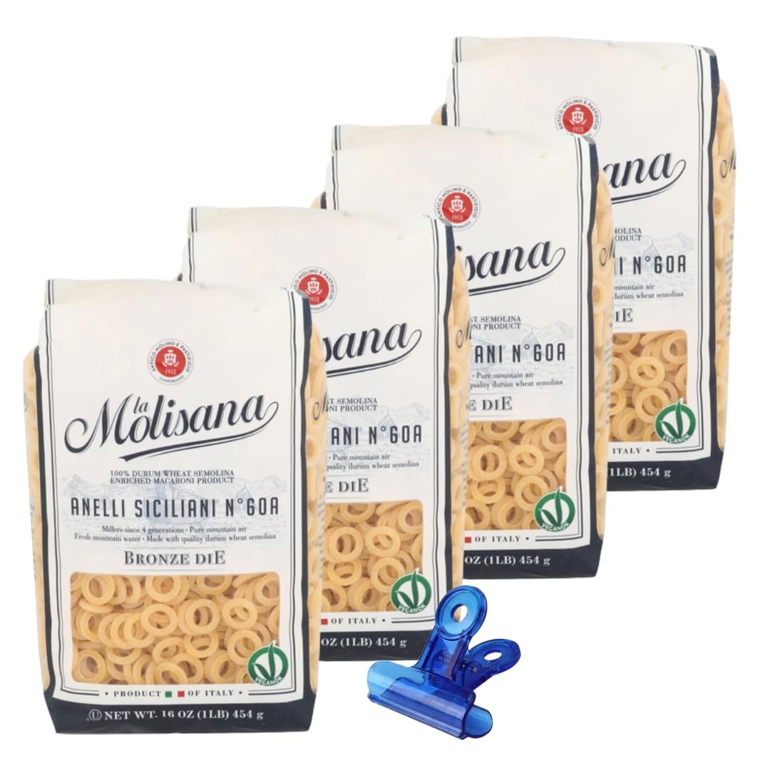 La Molisana Pasta Anelli Siciliani 16 oz (Pack of 4) - Italian Pasta Rings - Alternative to Ditalini Pasta and Pastina with Food Bag Clamp - 5 Total