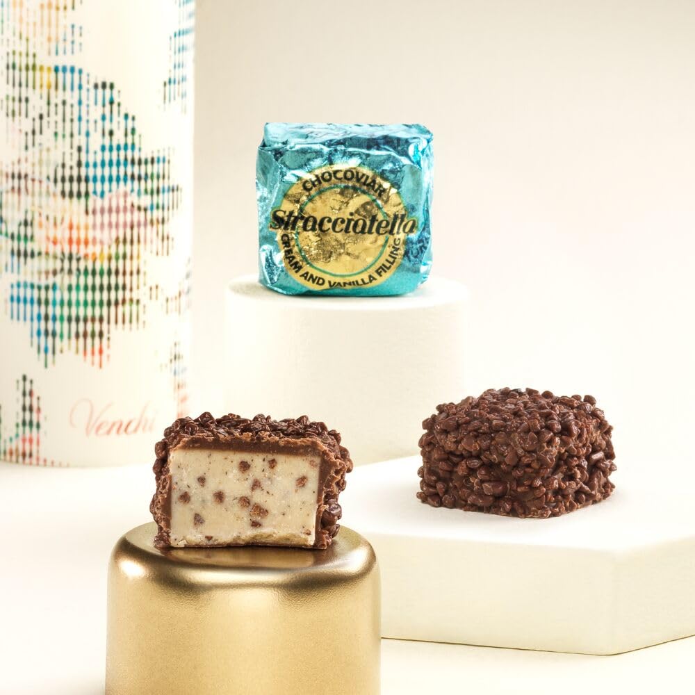 Venchi Chocoviar Stracciatella Chocolate 15-Piece Elegant Gift Box - Milk Chocolate Shell, Creamy Cocoa Nibs and Vanilla Beans Filling & Topped