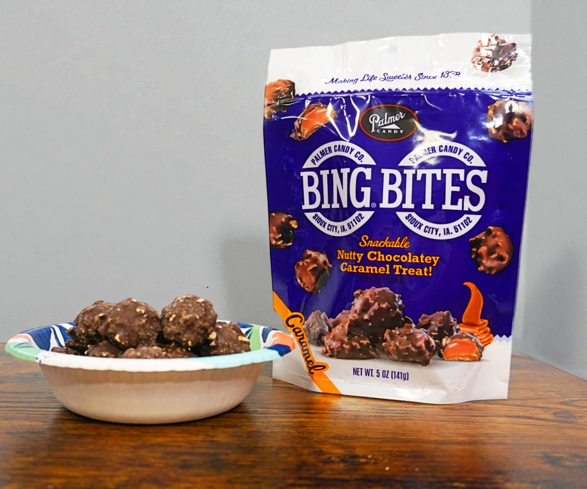Palmer Candy Company Caramel Bing Bites: Snackable, Nutty, Chocolatey, Caramel Treat Made in Sioux City, IA - Resealable 5 oz Bag