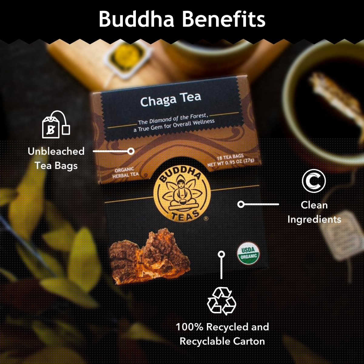Buddha Teas - Chaga Tea - Organic Herbal Tea - For Cognitive Balance & Overall Health - With Chaga Mushroom, Antioxidants & B Vitamins - Caffeine Free