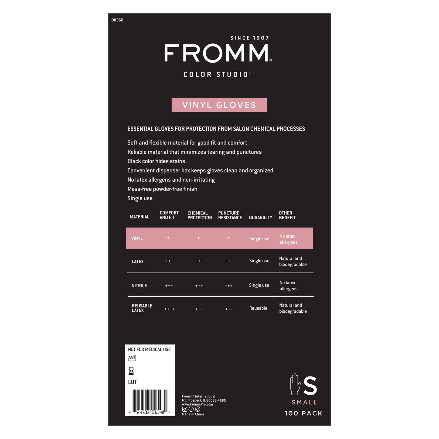 Fromm D8360 Vinyl Powder-Free Gloves in Black - Small