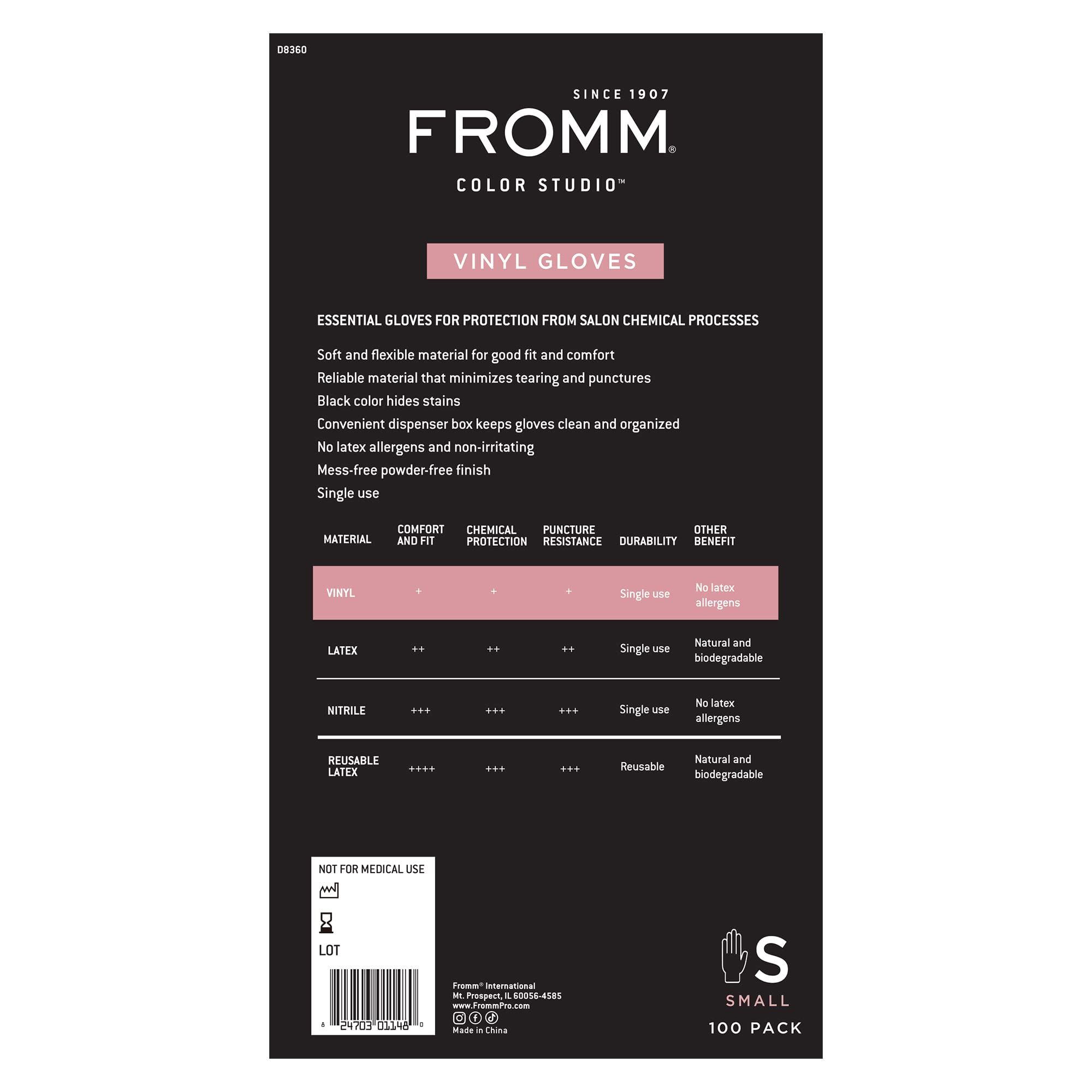 Fromm D8360 Vinyl Powder-Free Gloves in Black - Small