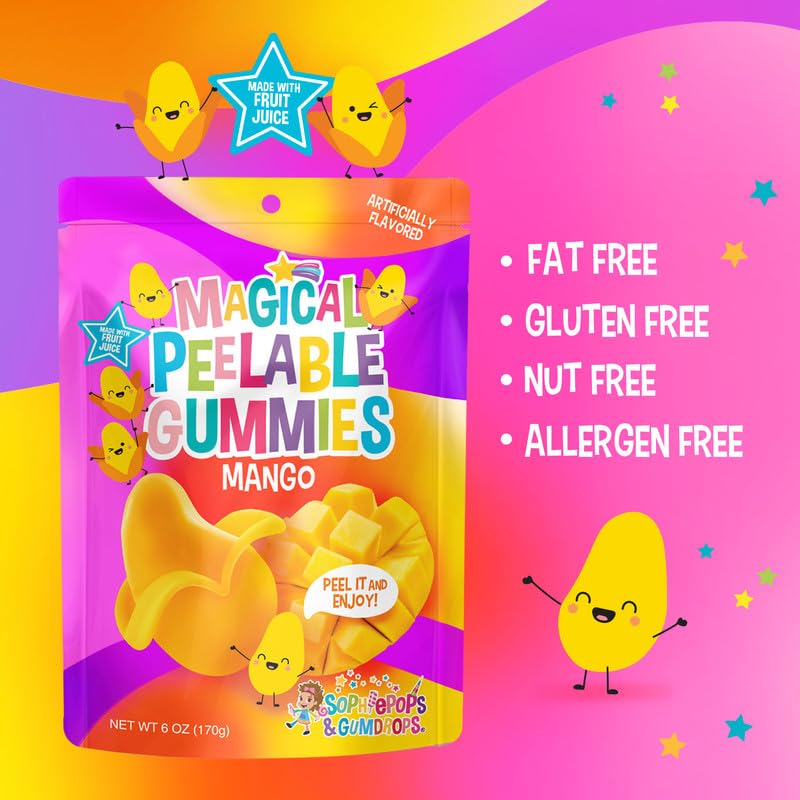 Sophiepops & Gumdrops Magical Peelable Mango Gummies, Gummy Fruit Snack, Mango Peeling Candy for Kids and Adults, Fat, Nut and Gluten Free Snacks