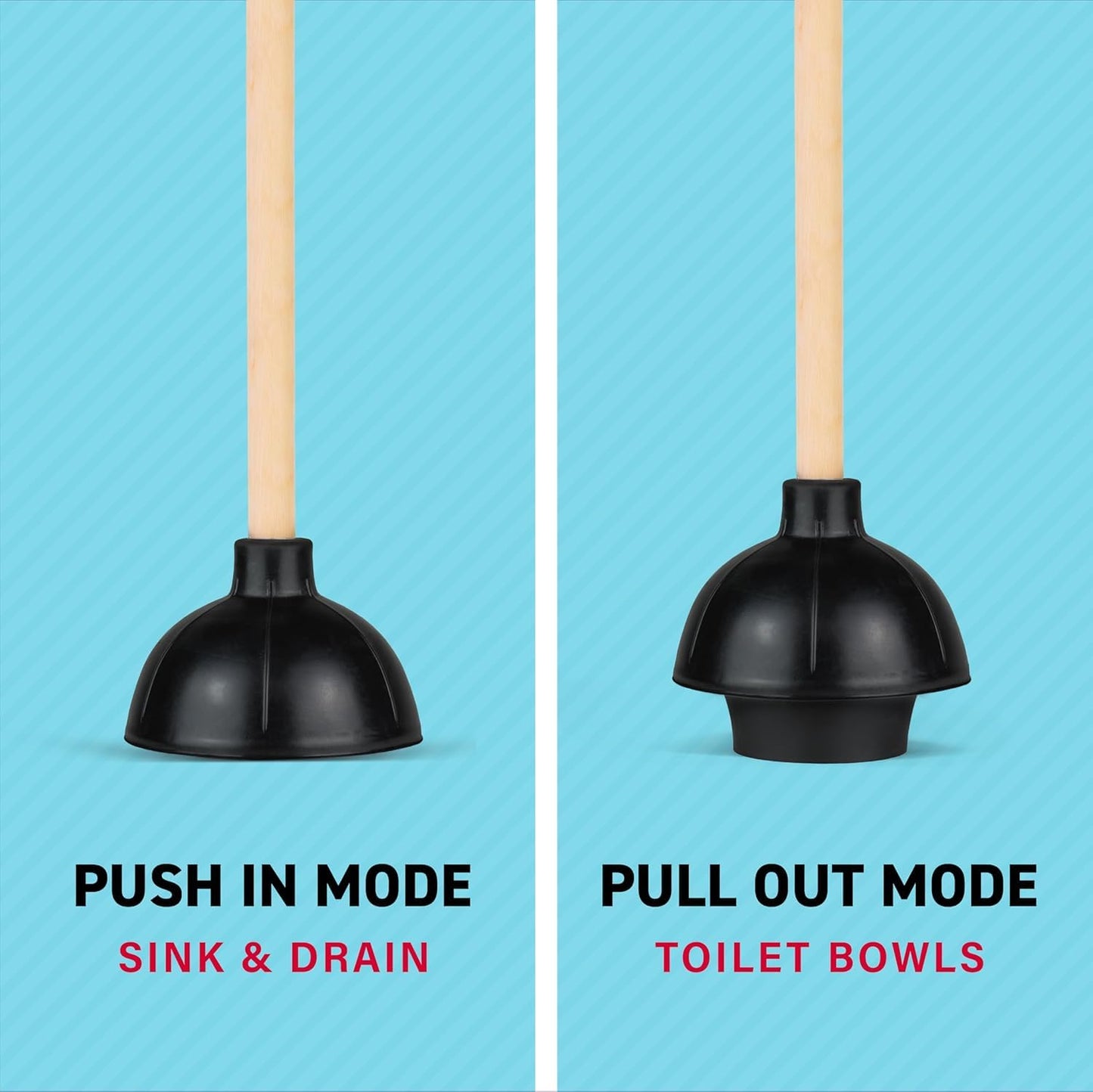 SteadMax Rubber Toilet Plunger, Double Thrust Force Cup, Heavy Duty, Commercial Grade with 18” Wood Handle (Pack of 3)