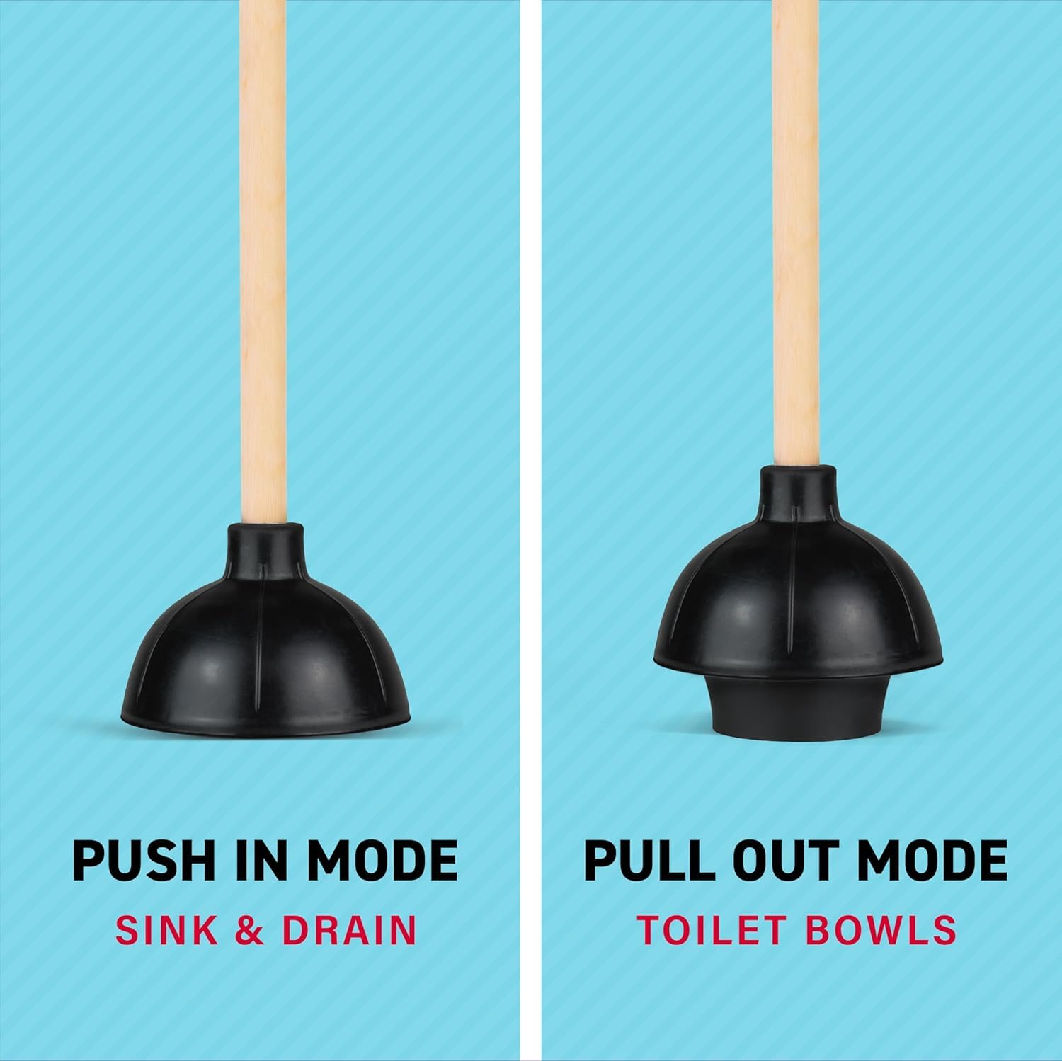 SteadMax Rubber Toilet Plunger, Double Thrust Force Cup, Heavy Duty, Commercial Grade with 18” Wood Handle (Pack of 3)
