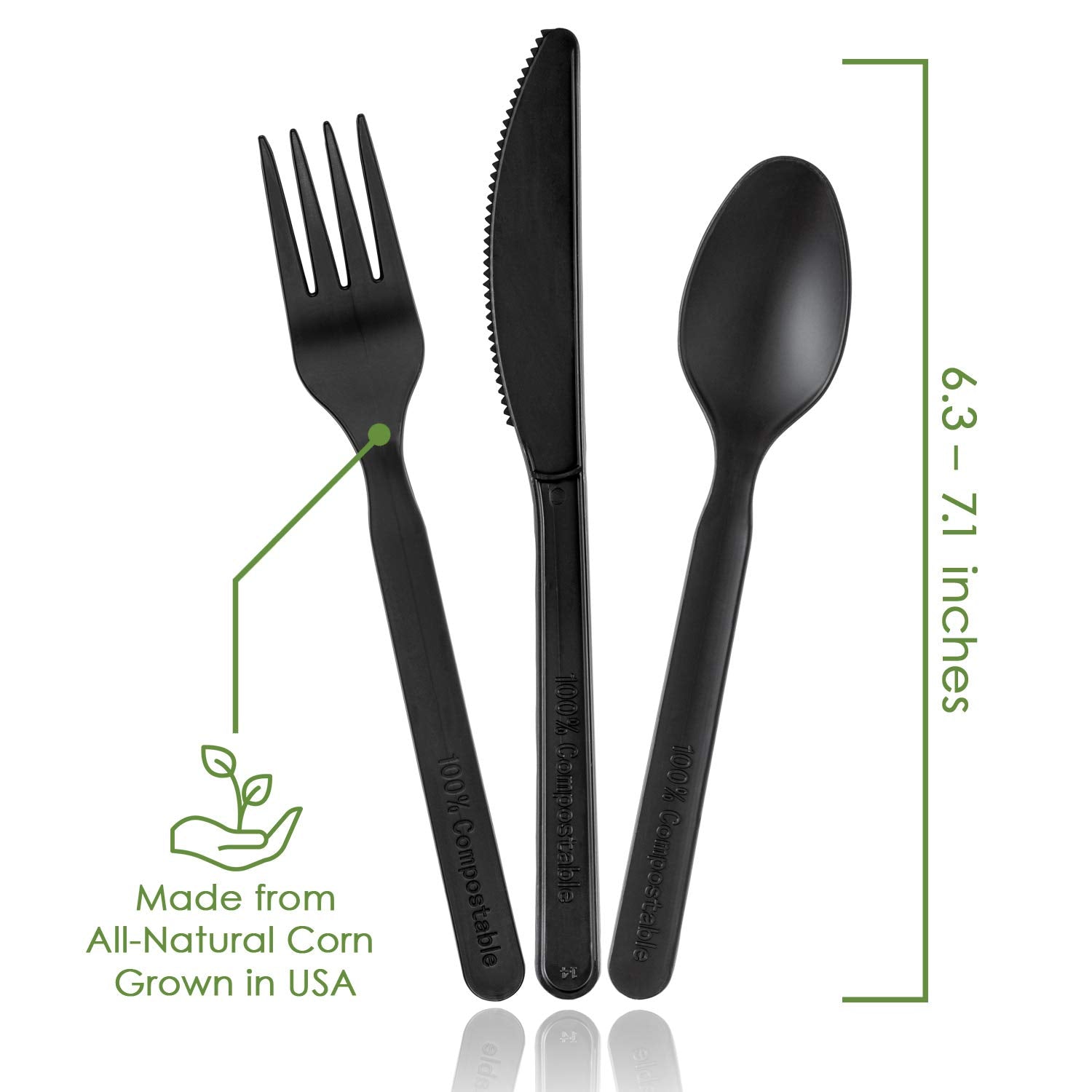Ecovita 100% Compostable Forks Spoons Knives Cutlery Combo Set - 380 Large Disposable Utensils (7 in.) Eco Friendly Durable and Heat Resistant