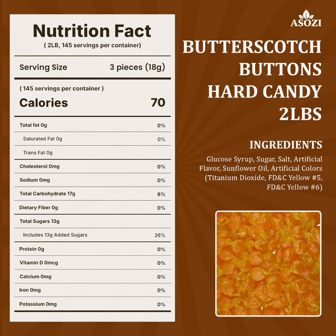 ASOZI Butterscotch Discs Hard Candy 2 lb - Individually Wrapped Old Fashioned Holiday Suckers - Sweet Flavor - Perfect for Valentine's Day and Tasty