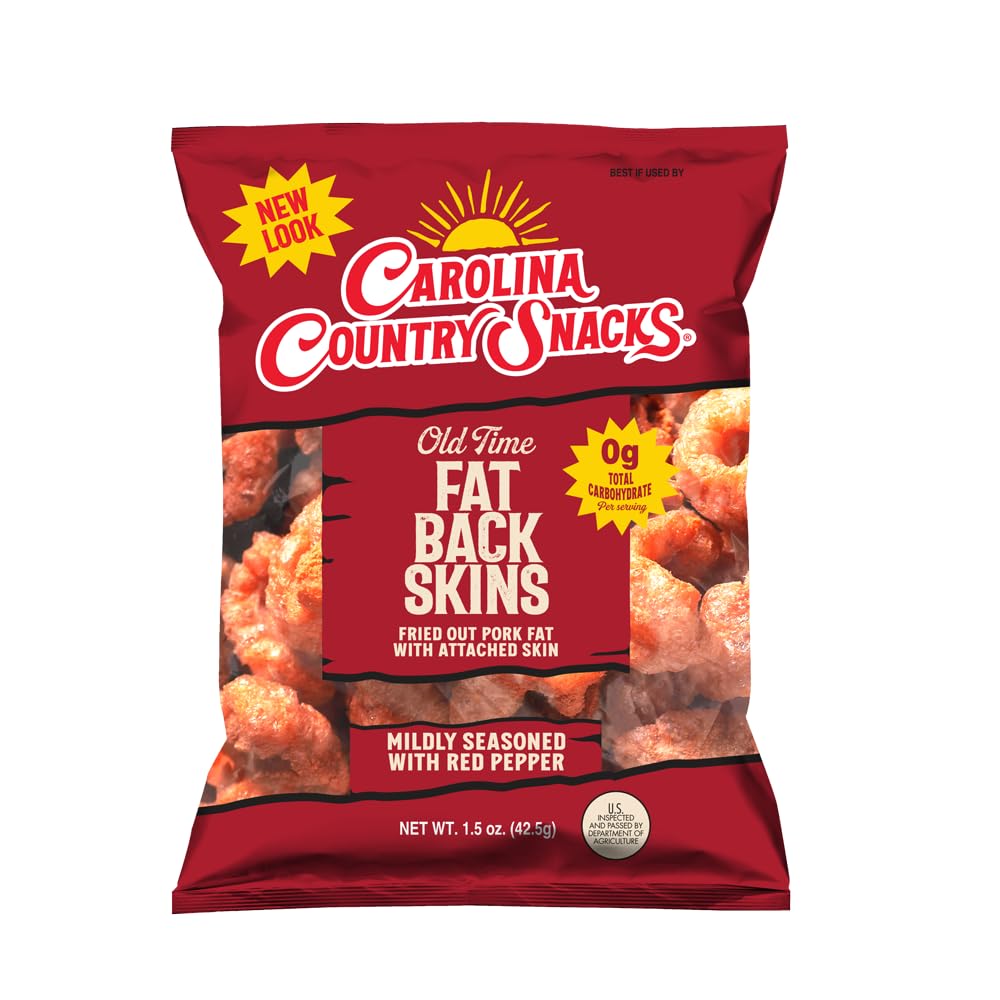 Carolina Country Snacks - Old Time Fatback Skin 1.75oz,12 bags - Classic Crunch with a Spicy Kick
