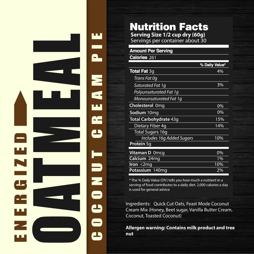 NEW! Energized Oatmeal Coconut Cream Pie - Feast Mode Flavors - 40 ounce, 2.5 pounds, 30 servings, breakfast healthy health antioxidants gluten free
