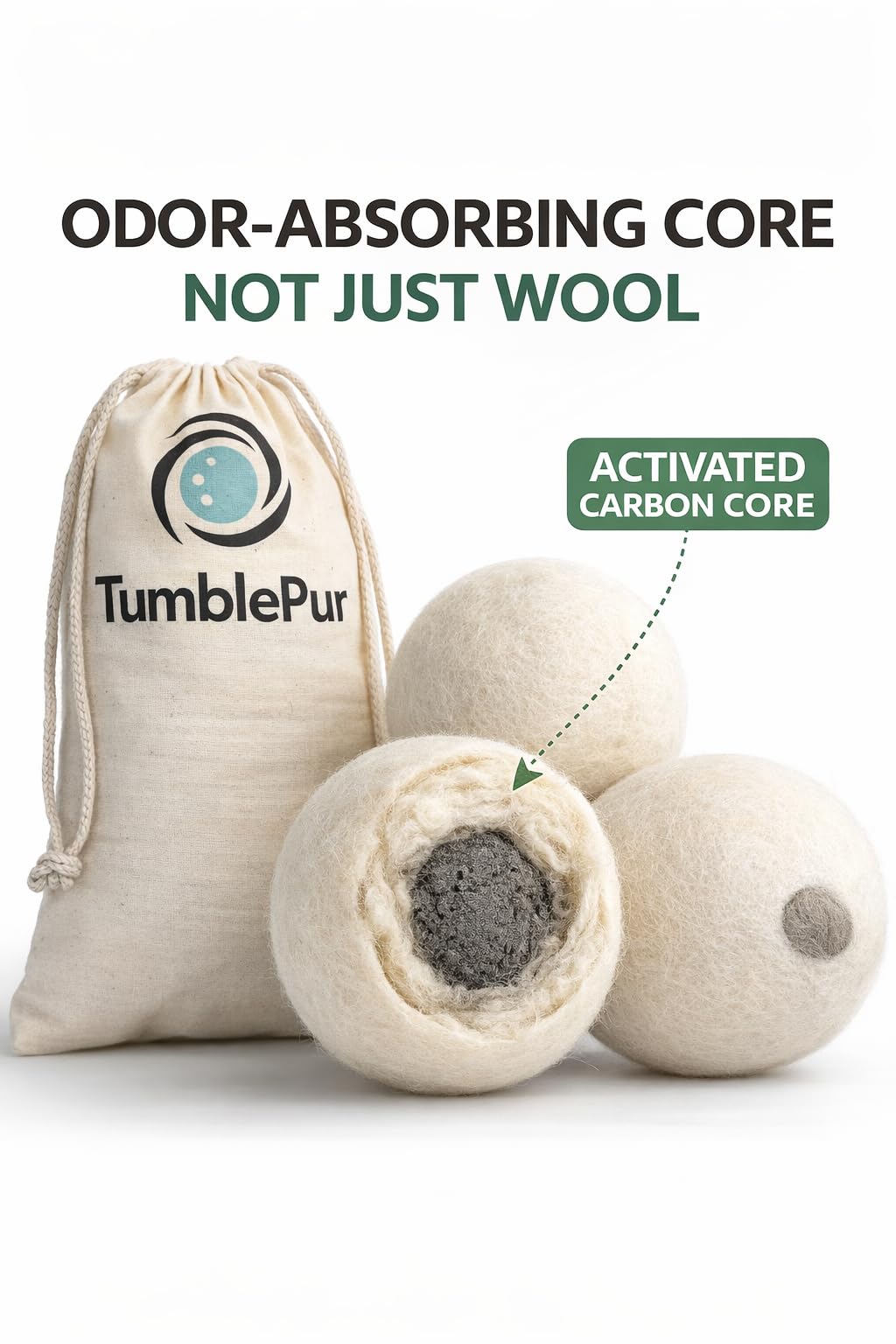 XL Wool Dryer Balls (3-Pack) with Activated Carbon - Odor Eliminating & Fragrance-Free Laundry Deodorizer, Natural Fabric Softener Alternative