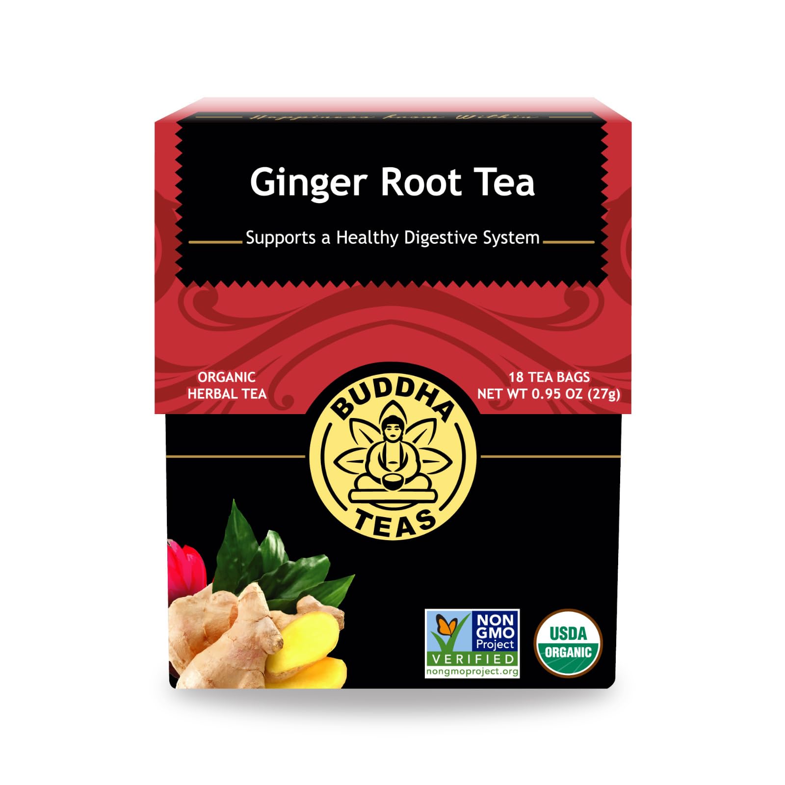 Buddha Teas - Organic Ginger Root Tea - Herbal Tea - For Health & Wellbeing - With Antioxidants & Minerals - Clean Ingredients - Caffeine Free - OU