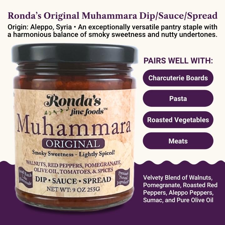 Muhammara by Ronda's Fine Foods | Dip, Sauce, Spread | 9.0 oz Jar | Gourmet, Small-Batch | Smoky Sweetness-Lightly Spiced | Walnuts, Pomegranate