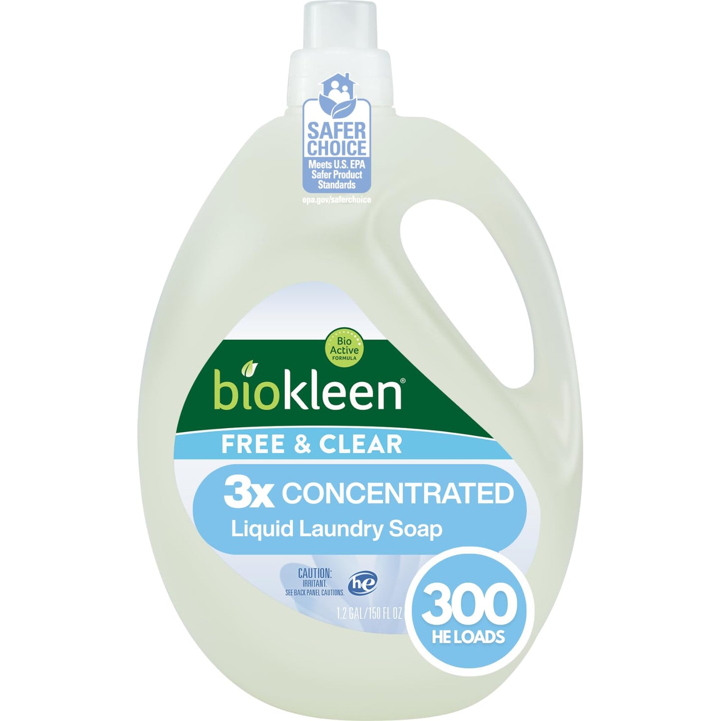 Biokleen Free & Clear Natural 3X Concentrated Liquid Laundry Detergent, 300 Loads, Plant-Based, Hypoallergenic, Removes Stains & Fights Odors, Dye