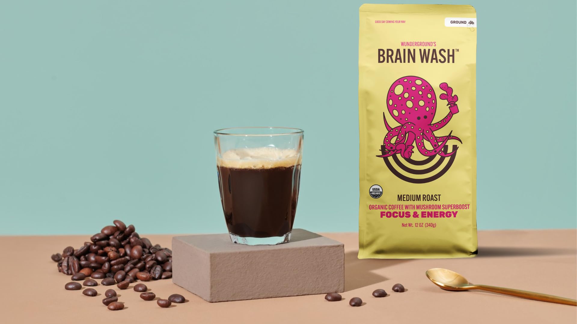 Wunderground's Brain Wash Medium Roast Organic Ground Coffee with Mushroom SuperBoost (12 oz Bag)