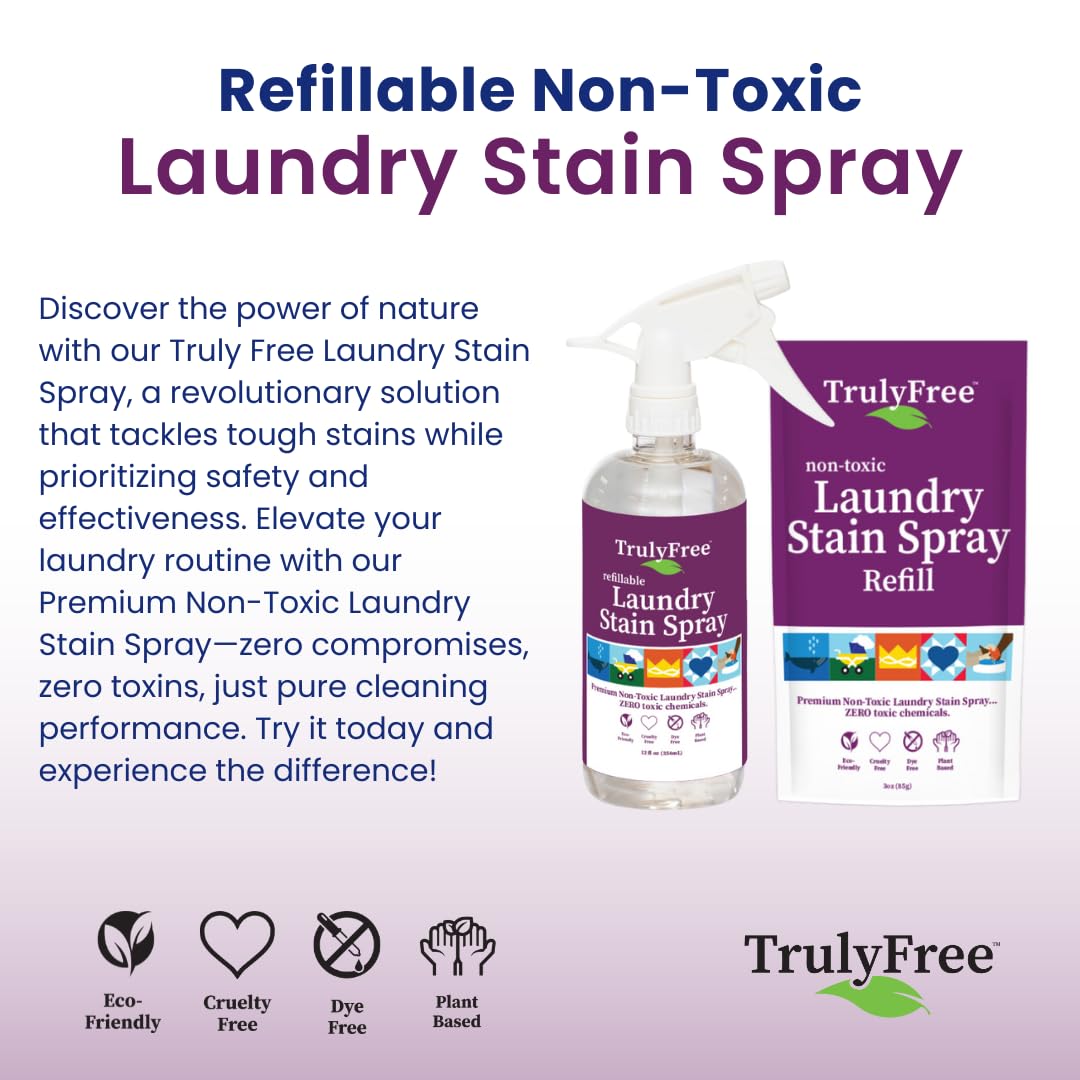 Truly Free Laundry Stain Remover Spray for Clothes - Removes Tough, Dried-In Stains on Whites & Colors -Natural Ingredients - Gentle Yet Powerful