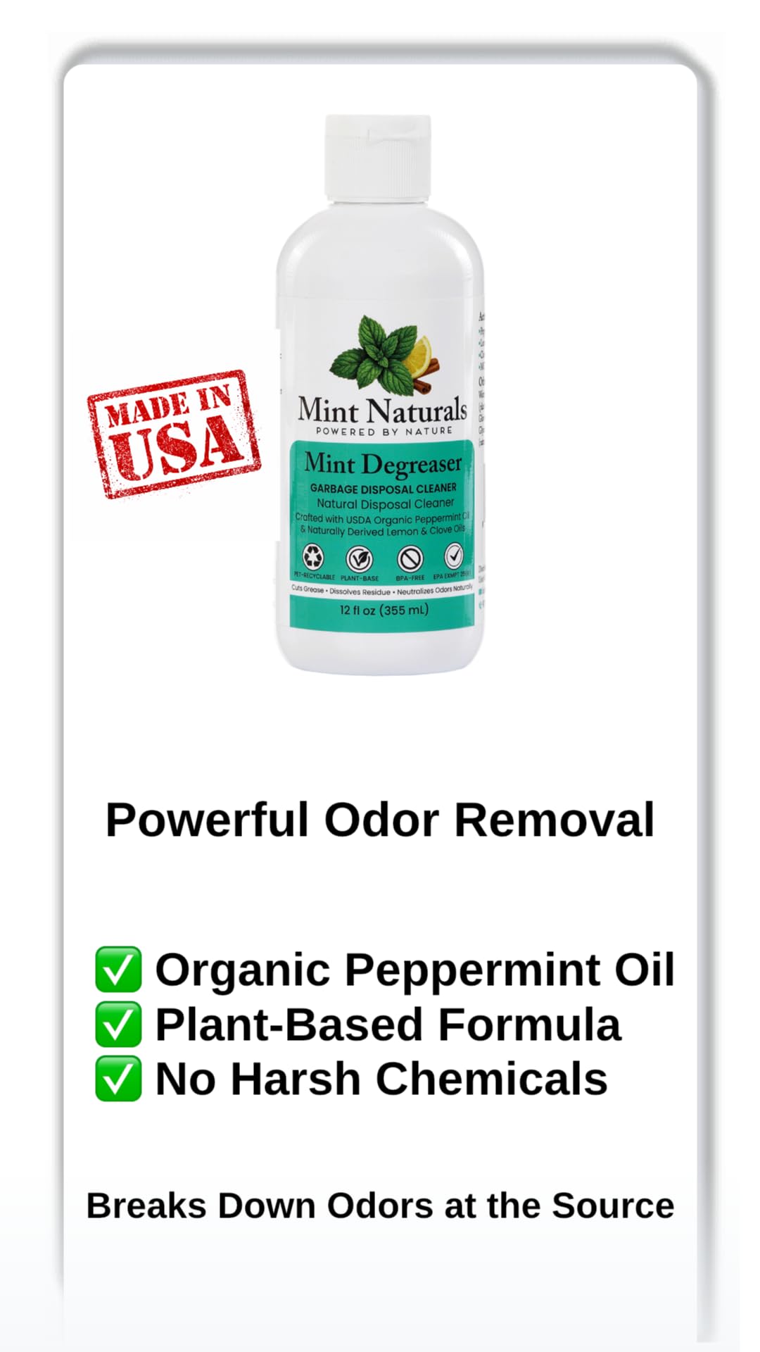 Mint Naturals Natural Garbage Disposal Cleaner & Deodorizer - USDA Organic Peppermint Oil Formula That Helps Refresh Sink & Drain Pipes, 12 oz - Made