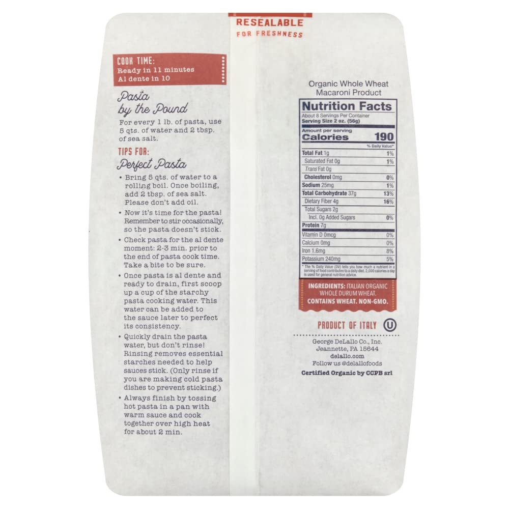 DeLallo - Organic Whole Wheat Fusilli Pasta - Case of 16-1 lb.