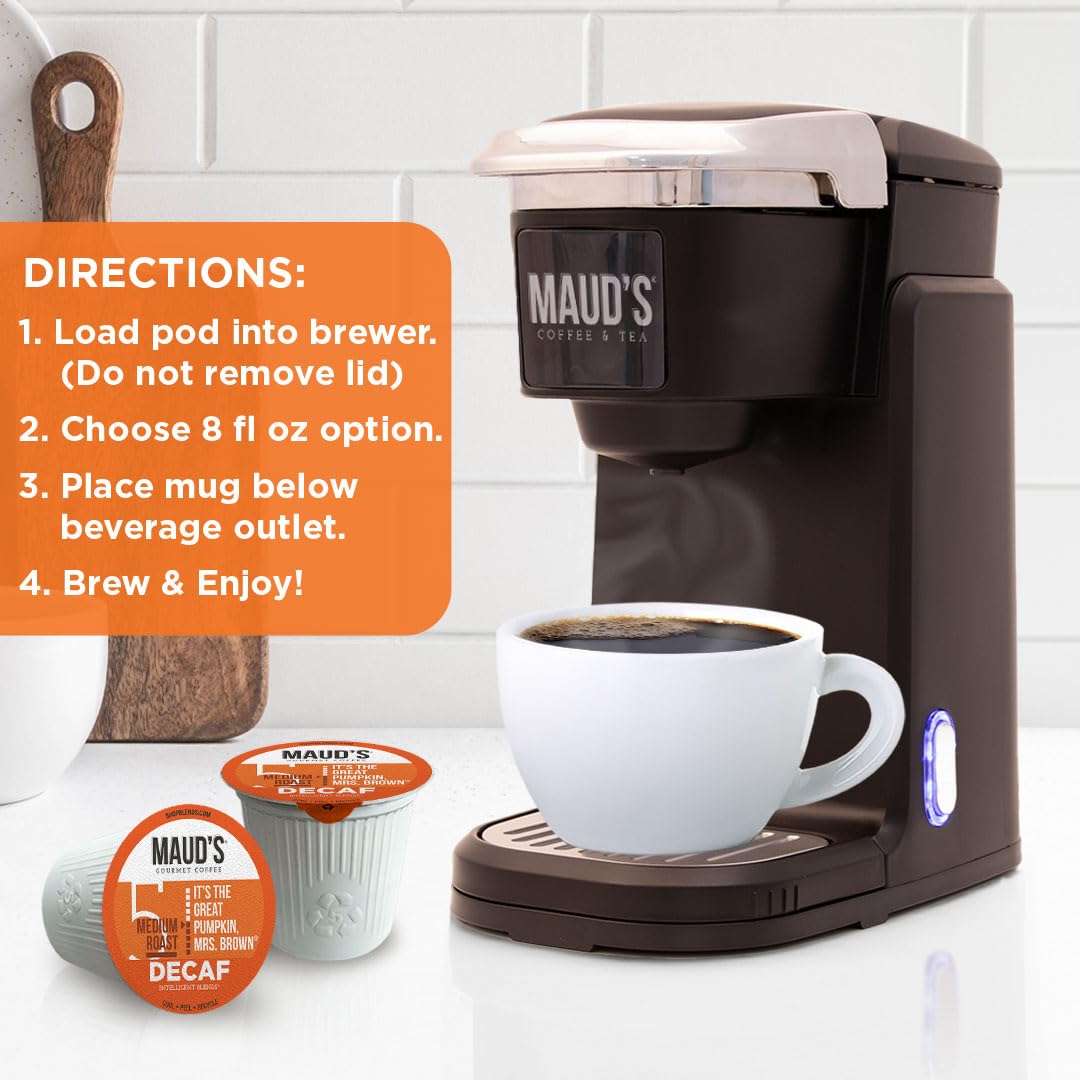 Maud's Decaf Pumpkin Spice Flavored Coffee Pods, 18 ct, Medium Roast Flavored Coffee in Single Serve Pods - 100% Arabica Beans, Compatible with Keurig