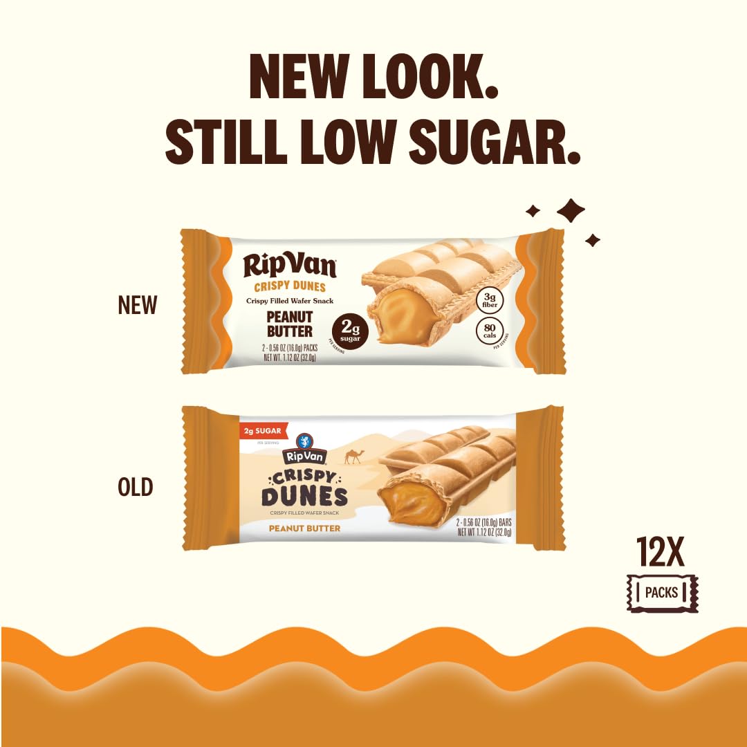 Crispy Dunes Peanut Butter Wafer Sticks - Low-Calorie Snack with Peanut Butter Cream Filling, 80 Calories, Non-GMO, Prebiotic Fiber - 12 Pack
