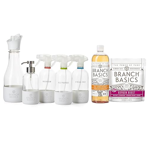 Branch Basics Premium Starter Kit in Glass: All Purpose Cleaner, Glass Cleaner, Bathroom Cleaner, Wash Bottle, and Laundry Bottle (3 Glass Spray