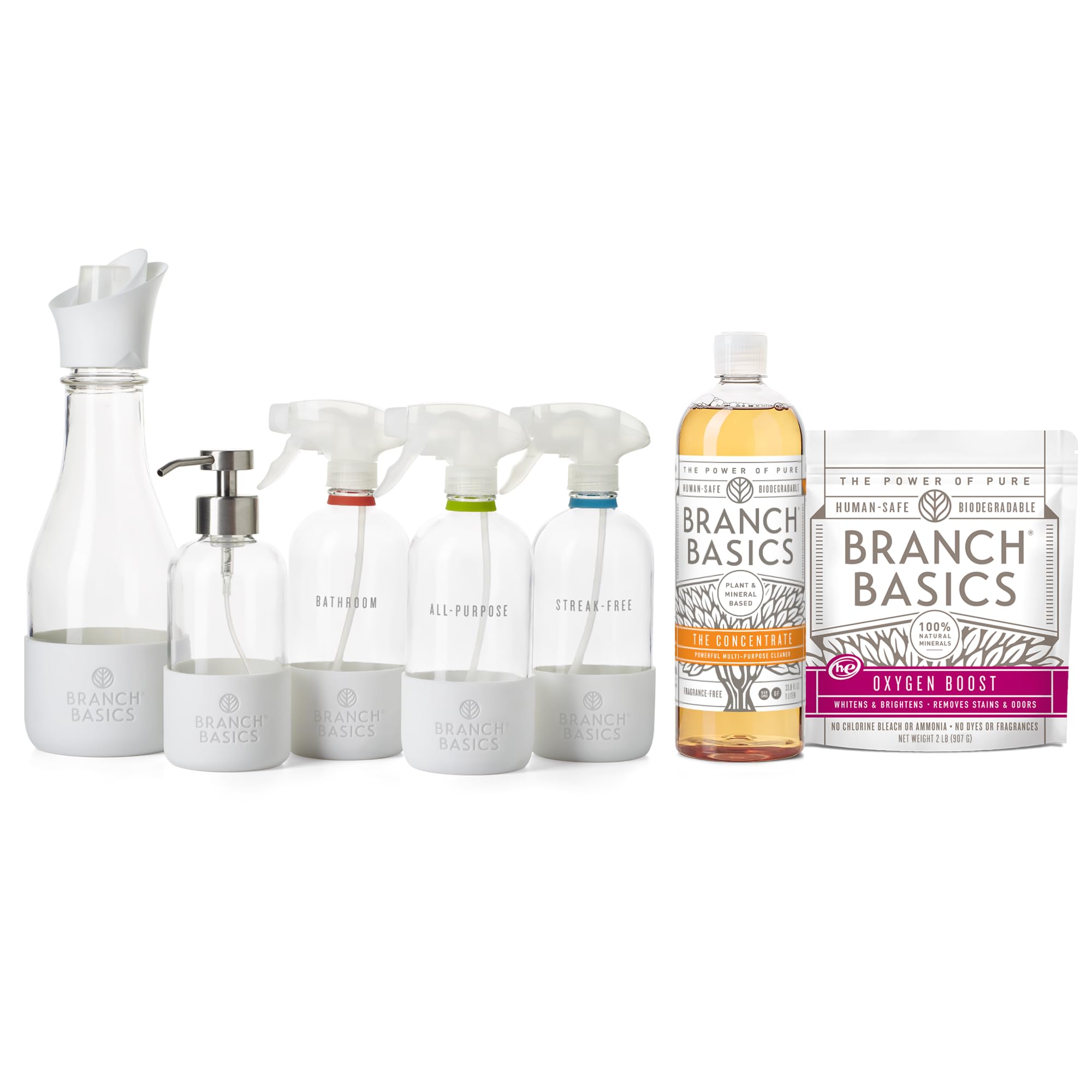 Branch Basics Premium Starter Kit in Glass: All Purpose Cleaner, Glass Cleaner, Bathroom Cleaner, Wash Bottle, and Laundry Bottle (3 Glass Spray