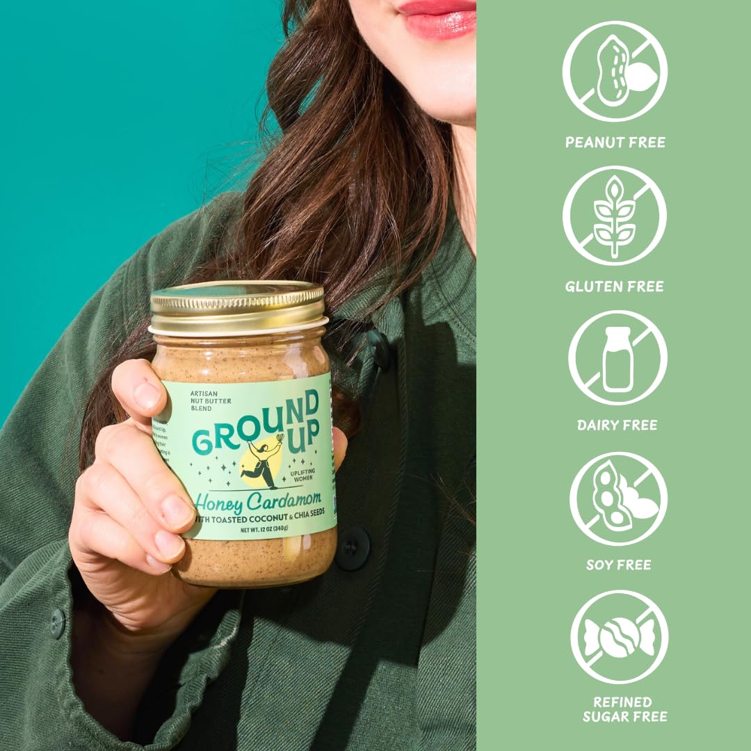 Ground Up Almond & Cashew Nut Butter - Honey Cardamom With Chia Seed - Peanut-Free, Dairy-Free, Gluten-Free, Vegan - 1 Jar 12oz