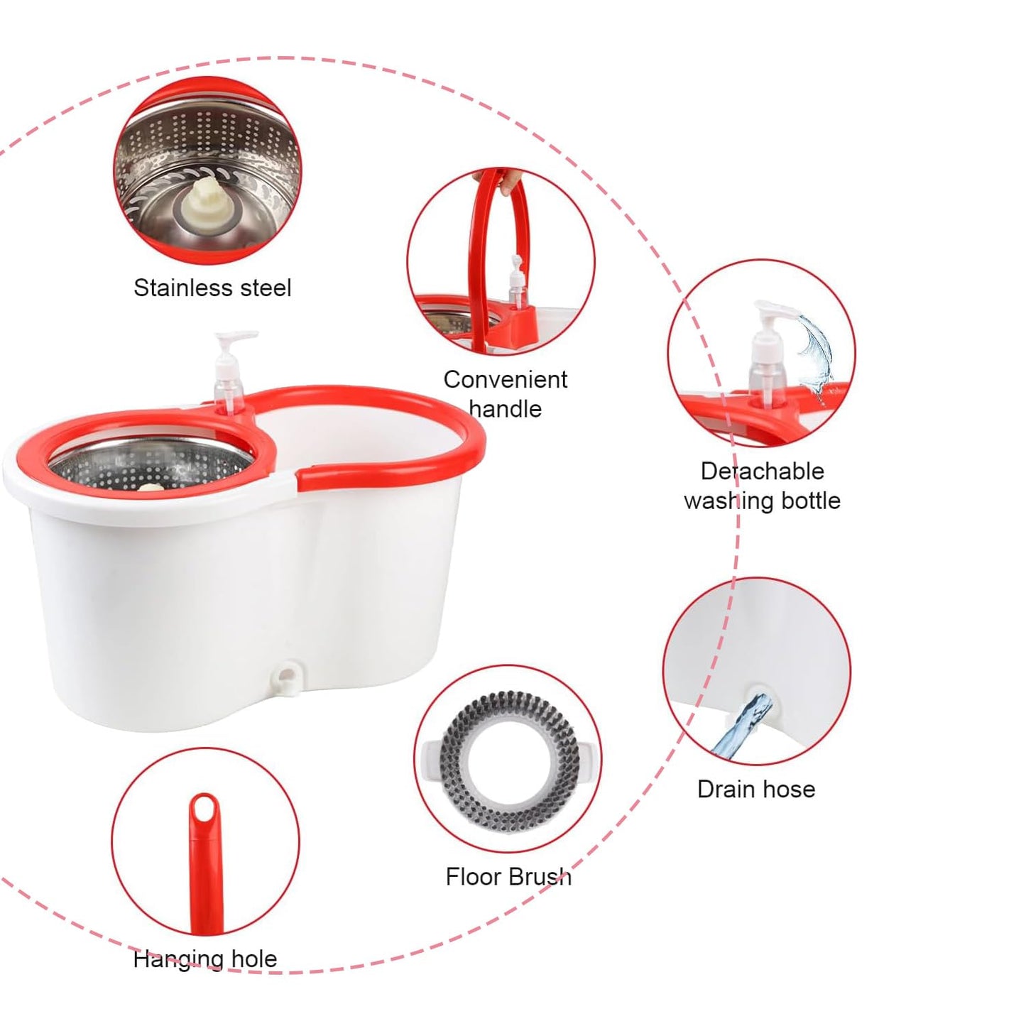 Spin Mop and Bucket with Wringer Set,for Floor Cleaning,with Floor Scrub Brush,61" Adjustable Handle and 6 Microfiber Mop Head(White)