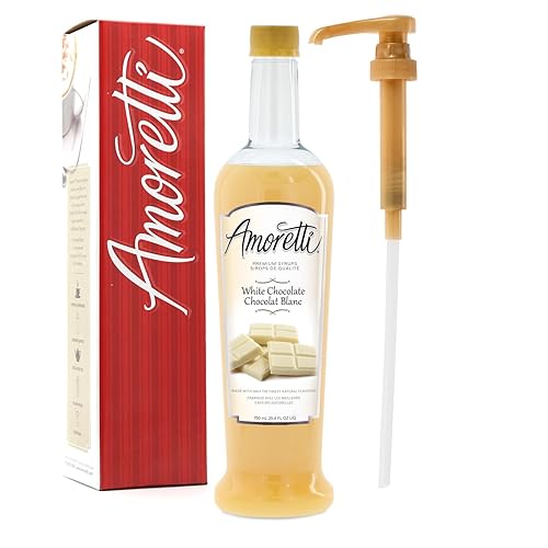 Amoretti - Premium White Chocolate Syrup, 94 Servings Per Bottle (750 ml), with Pump for Flavoring Coffees, Cocktails, and other Beverages, Gluten