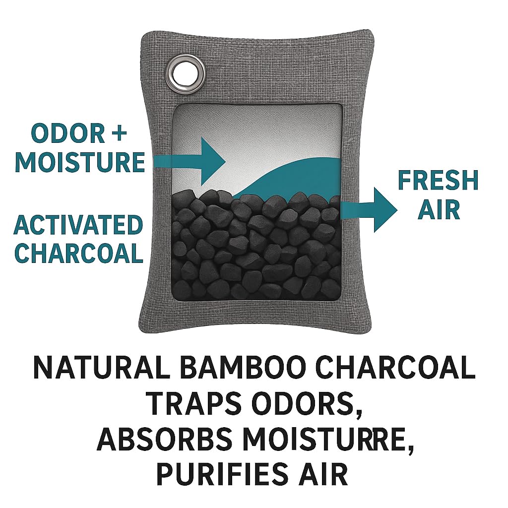 Charcoal Air Purifier Bags by OLGRI - Natural Odor Absorber for Cars, Bathrooms, Closets, Shoes & Pets - 4-Pack Bamboo Deodorizer with Activated
