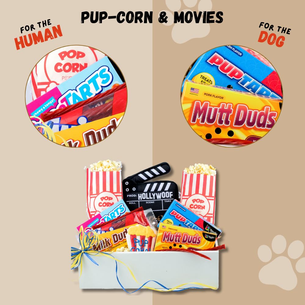Gift Basket For Dog and Dog Owners, Movie Night Theme with Snacks Included, Dog Treats, Adult Snacks, Dog Toy, Holiday Gift Basket For Loved Ones