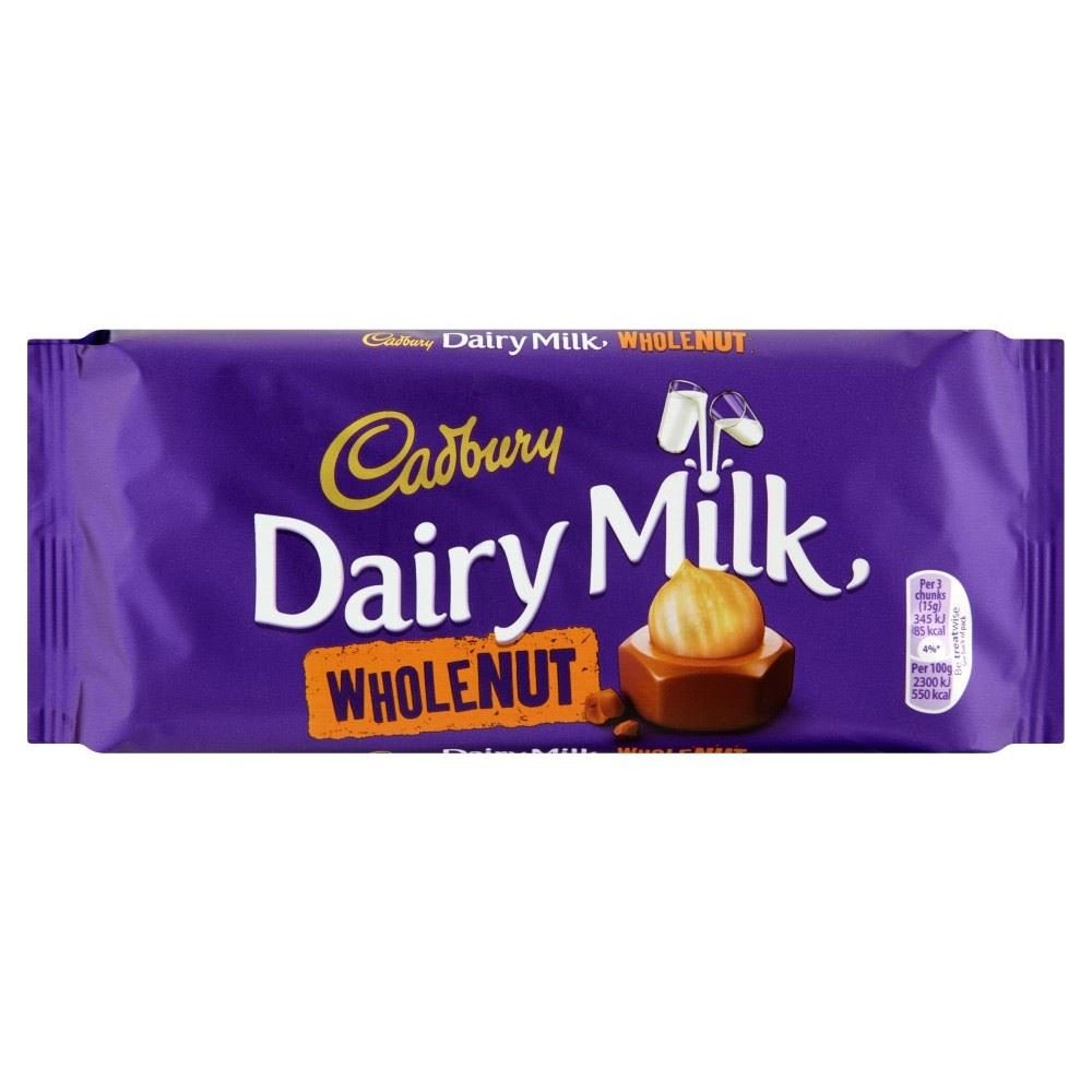 Cadbury Dairy Milk Chocolate Whole Nut Bar (120g) - Pack of 6