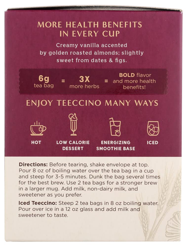 Teeccino Vanilla Nut Herbal Tea - Rich & Roasted Herbal Tea That’s Caffeine Free & Prebiotic For Natural Energy, 10 Tea Bags