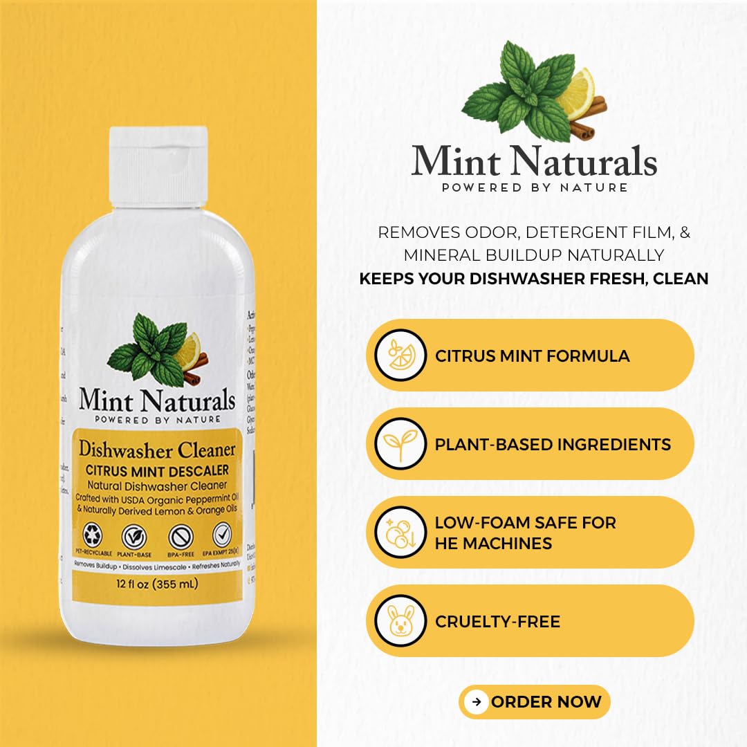Natural Dishwasher Cleaner & Degreaser Liquid - USDA Organic Peppermint Oil Formula That Helps Remove Limescale, Grease & Odor, 12 oz - Made in USA by
