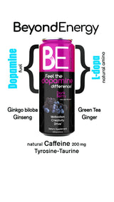 Beyond Energy - 12 Pack - Dark Berry Herbal Energy Drink, Naturally Sourced L-Dopa with Mucuna Pruriens, Aminos, Antioxidants, 200mg Caffeine - (Dark