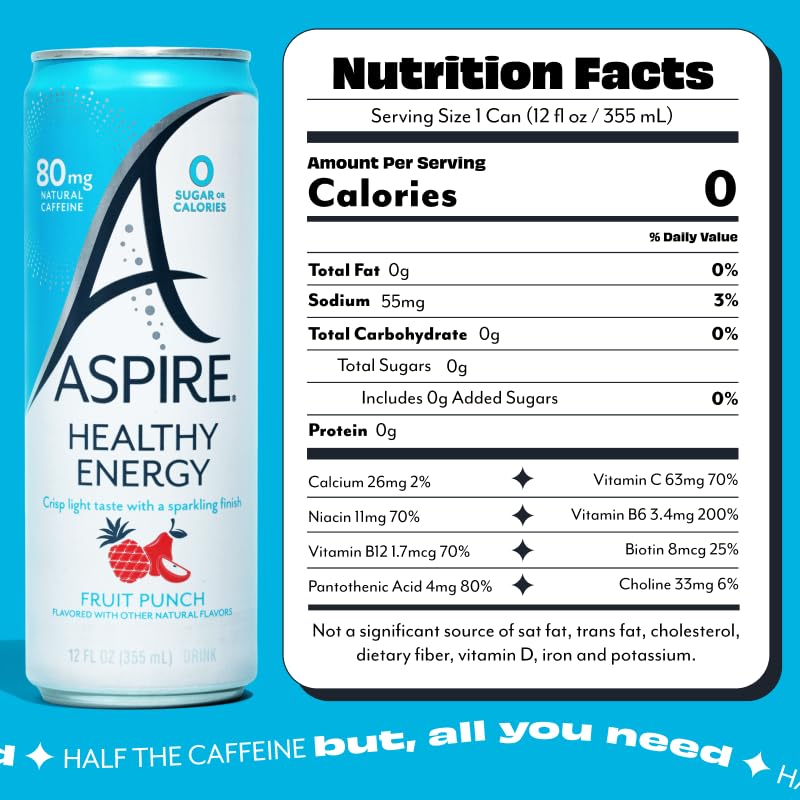 ASPIRE® Fruit Punch, Healthy Energy Drink 80mg Natural Caffeine, Zero Sugar No Carbs Keto Friendly, 12 Pack Green Tea Sugar Free Drink Low Caffeine