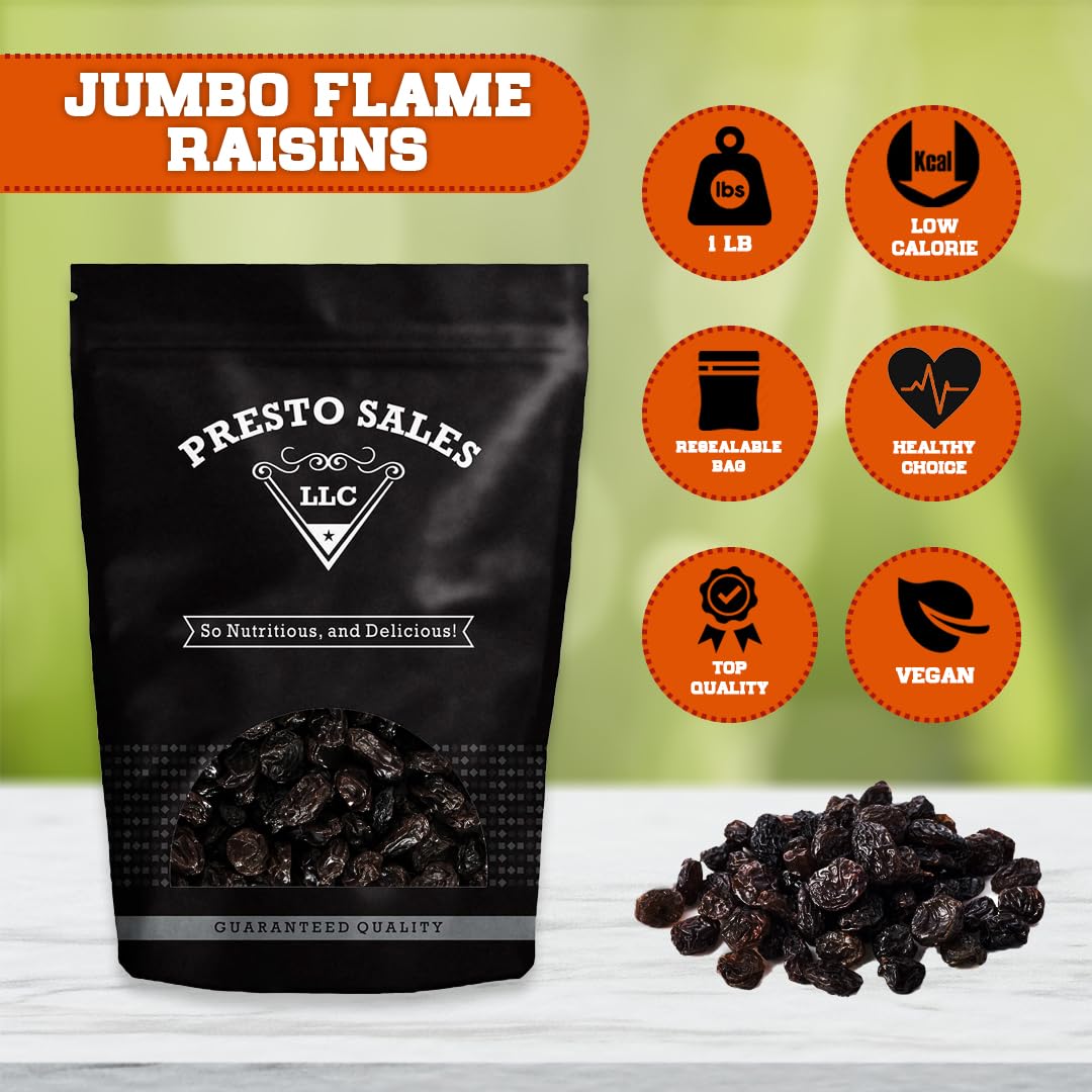 Raisins, Jumbo Flame, Packaged in a 1 lb. (16 oz.) resealable pouch bag, USA, Great trace mineral, boron, in the diet, Vegan, No Added Sugar, Energy