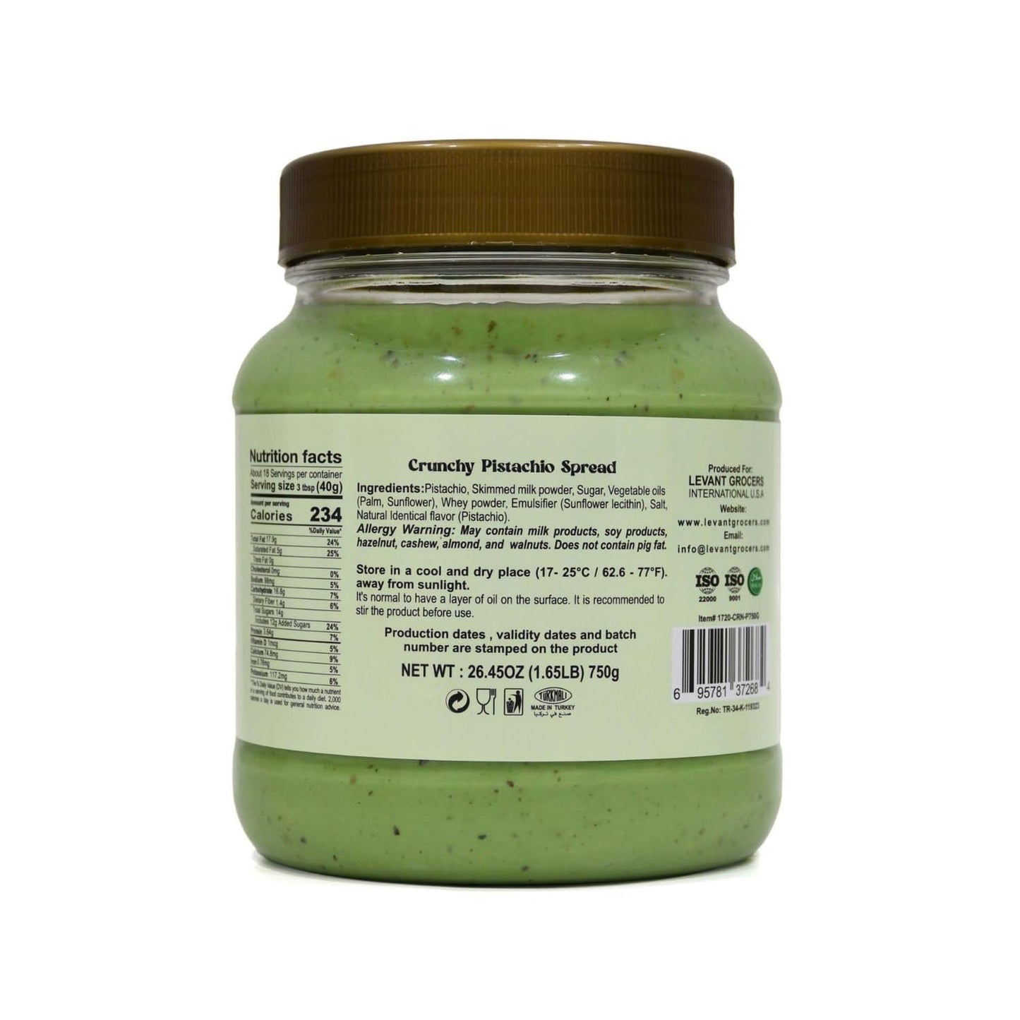 Crunchy Pistachio Spread, Spreadable Pistachio Cream, 26.45 oz (750g)