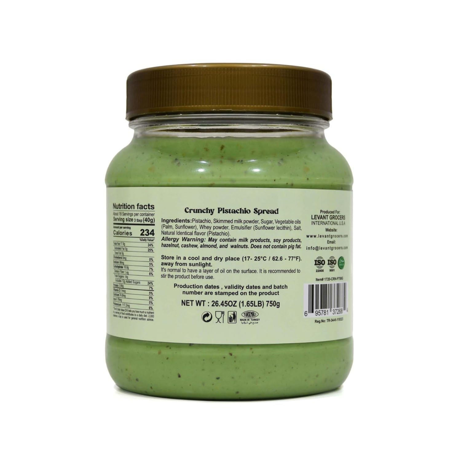 Crunchy Pistachio Spread, Spreadable Pistachio Cream, 26.45 oz (750g)