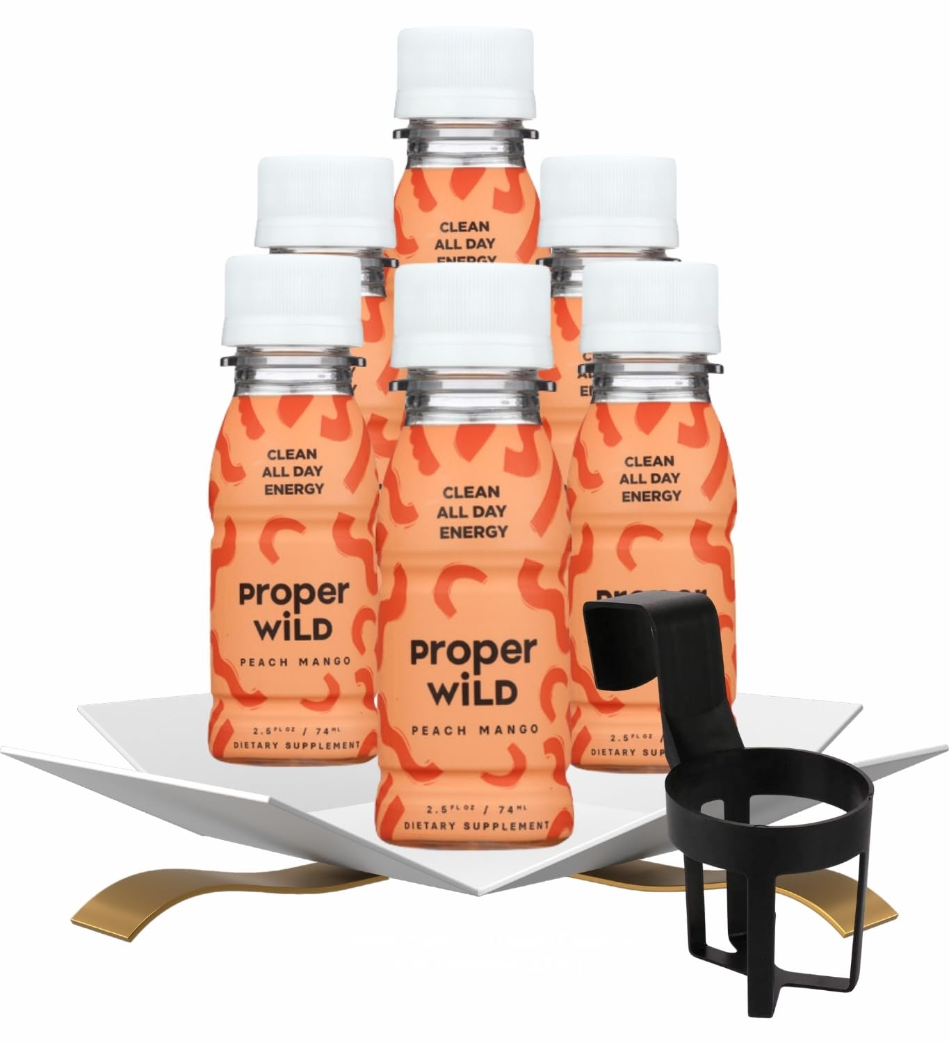 6x Energy Shot Peach Mango - 2.5 fl oz Bundle with Cup Holder - Refreshing Fruit Blend with Natural Caffeine and L-Theanine for Focus and Drive - Gift
