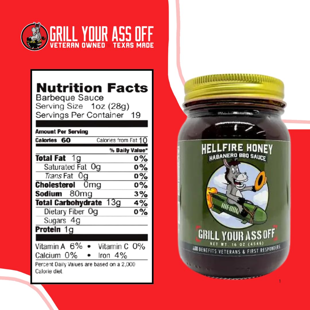 Grill Your As* Off Hellfire Honey Habanero BBQ Sauce - 16oz Sweet & Spicy Explosive Flavor Barbecue Sauce for Beef, Steak, Pork & Chicken - Gourmet